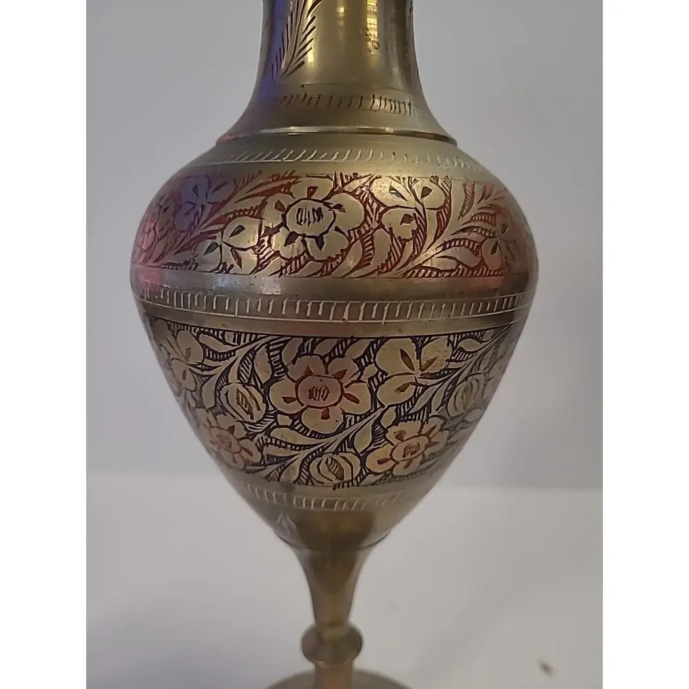 Vintage Brass Vase Handmade Etched Solid Floral Design Color Engraved Decor 12
